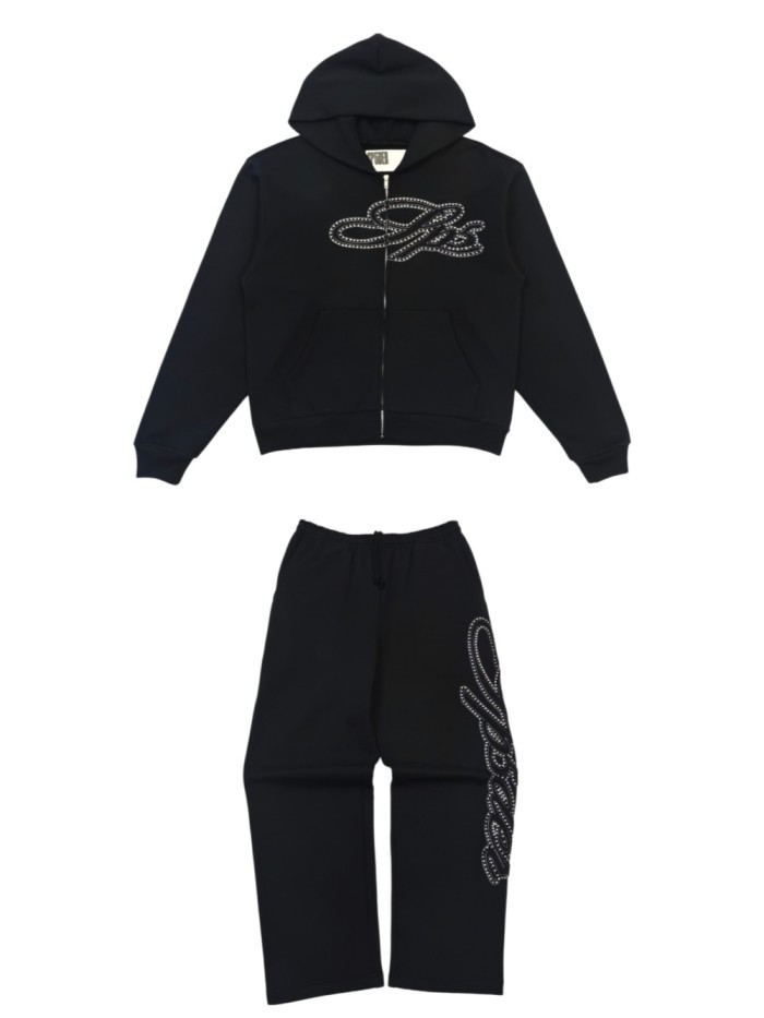 [Big & Tall for weights up to 220 lbs]1:1 quality version 3D Letter Rhinestone Zipper Hoodie & Pants Set 29033219