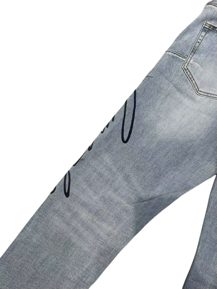 1:1 quality version light blue distressed hand-painted graffiti slim-fitting jeans 29032813