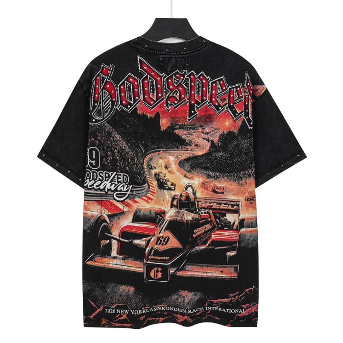 Skeleton racing driver hot-fix rhinestone vintage short-sleeved shirt 29033298