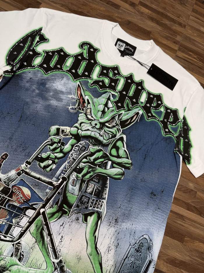 White funny green devil hot-fix rhinestone printed short-sleeved T-shirt 29033491