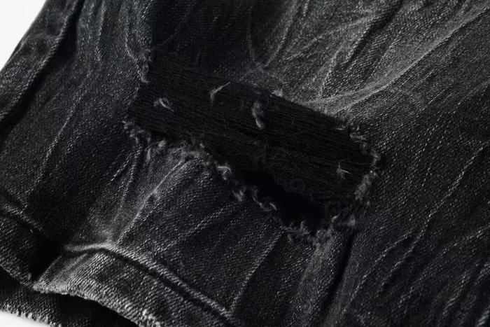 1:1 quality version High Street Style Black and Grey Distressed Ripped Denim Shorts 29032750