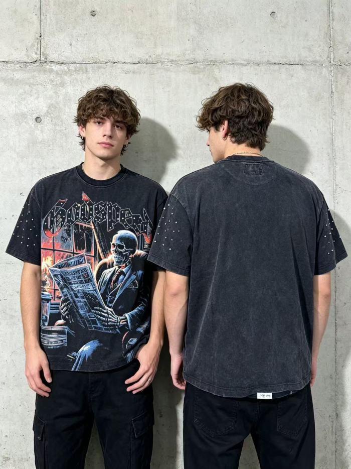 Dark skeleton print vintage-style T-shirt with a worn-out look 29033292