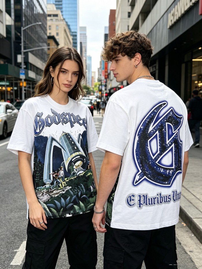 Loose short-sleeved T-shirt with white alien spaceship print 29033464