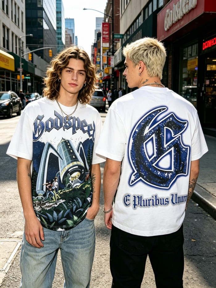 Loose short-sleeved T-shirt with white alien spaceship print 29033464