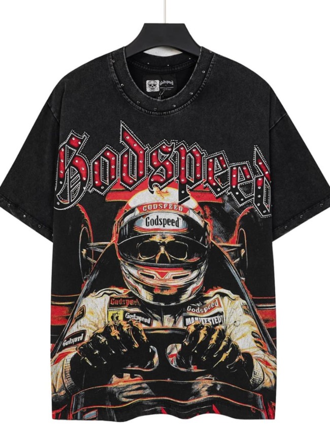 Skeleton racing driver hot-fix rhinestone vintage short-sleeved shirt 29033298