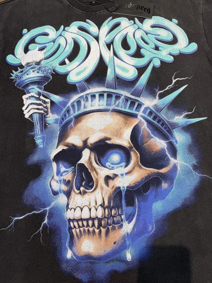 Vintage Blue Flame Skull Liberty Statue Distressed T-shirt 29033496