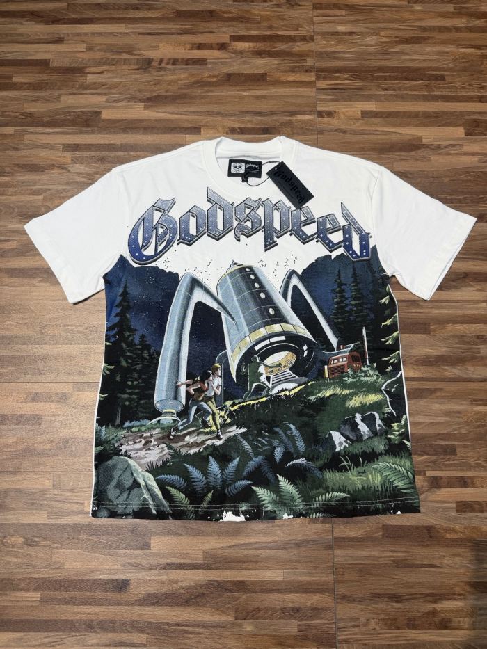 Loose short-sleeved T-shirt with white alien spaceship print 29033464