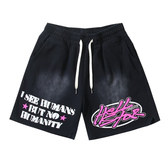 Pink And White Color Block Slogan Print Washed Shorts 29035473