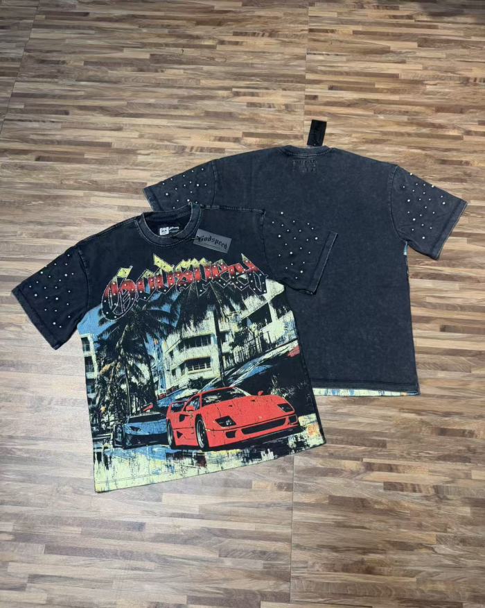 Miami sports car hot-fix rhinestone vintage washed short-sleeved T-shirt 29035040