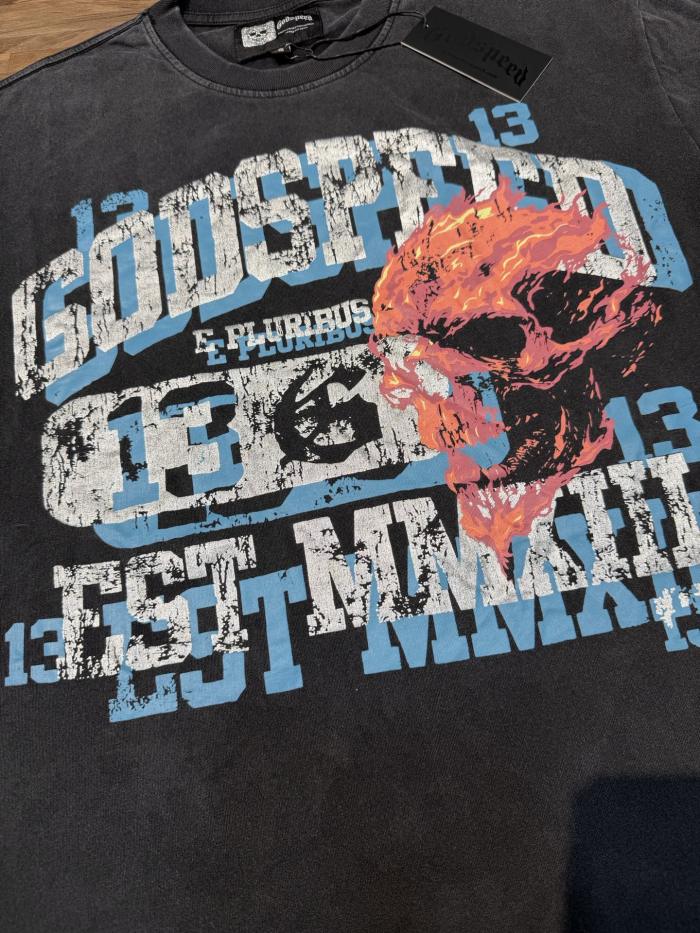 Flaming Skull No. 13 vintage washed short-sleeved T-shirt 29035026