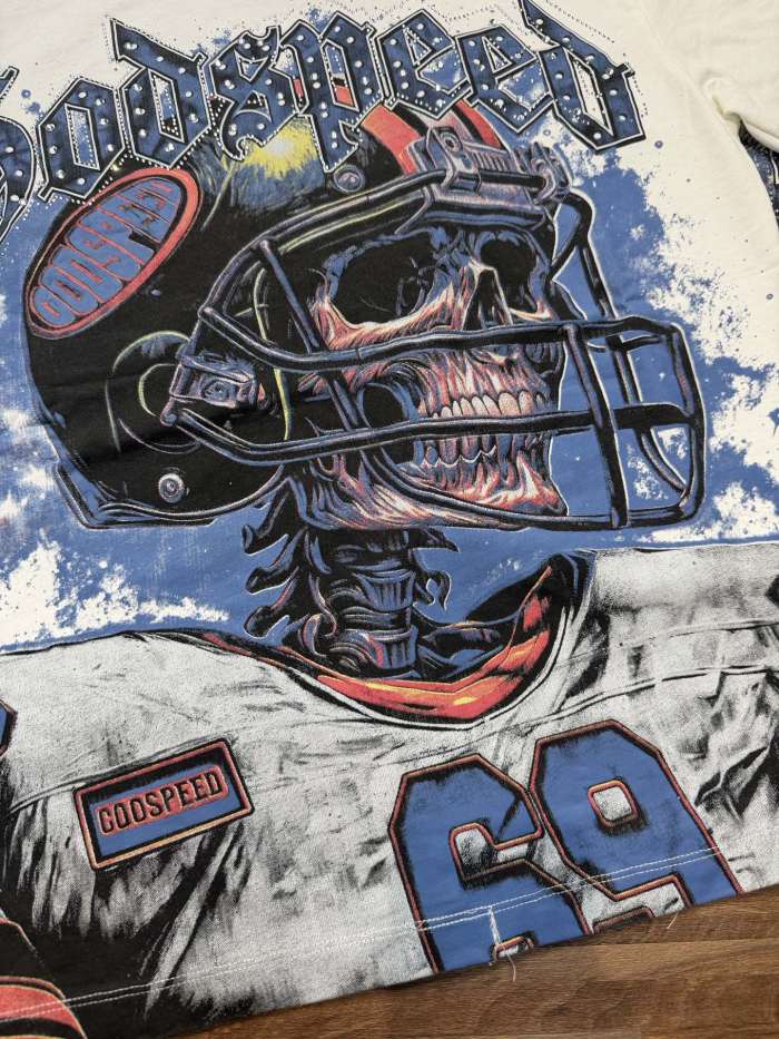 Rugby skull hot-fix rhinestone double-sided printed vintage T-shirt white color 29035302