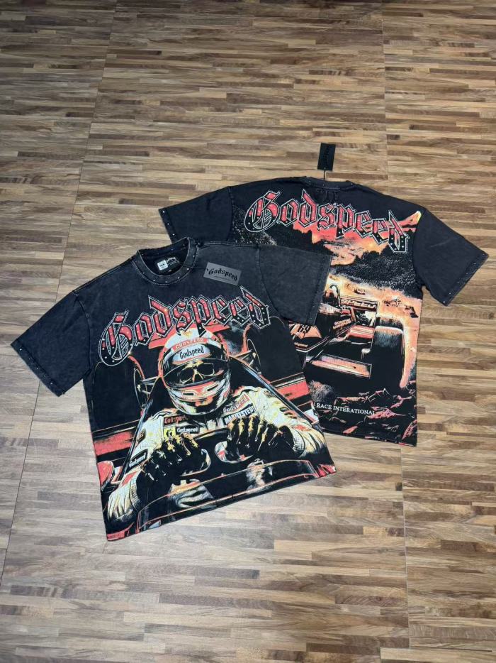 Skeleton racing driver hot-fix rhinestone vintage short-sleeved shirt 29033298