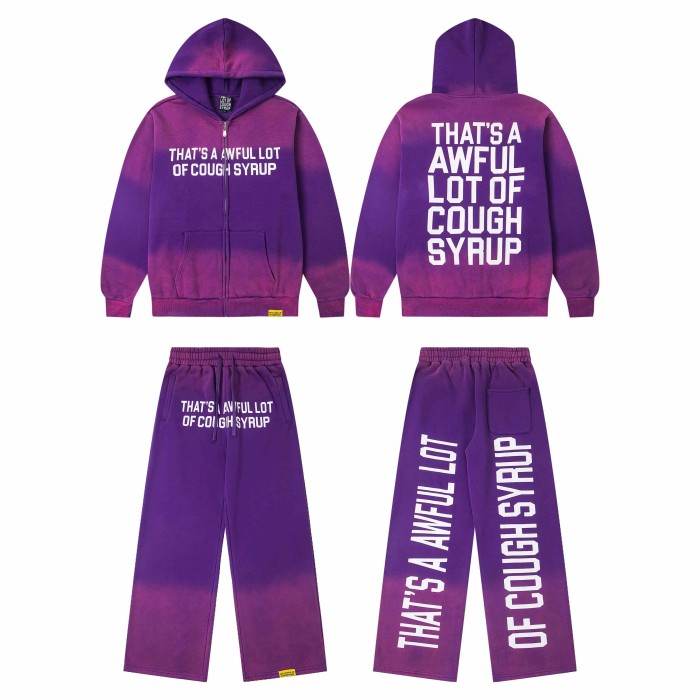 Dyed Purple Gradient Letter Print Zipper Hoodie & Pants Set 29035415