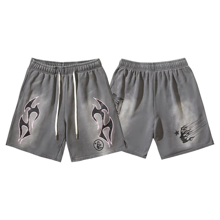 Pink Outline Flame Print Washed Shorts 29035474