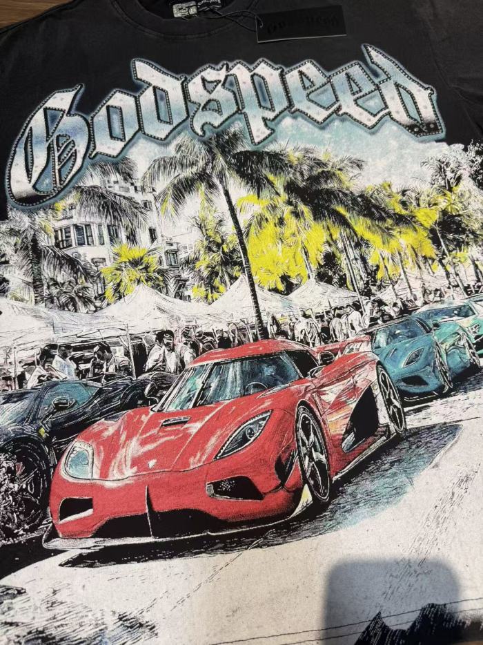 American-style washed vintage sports car party key print loose shirt 29035136