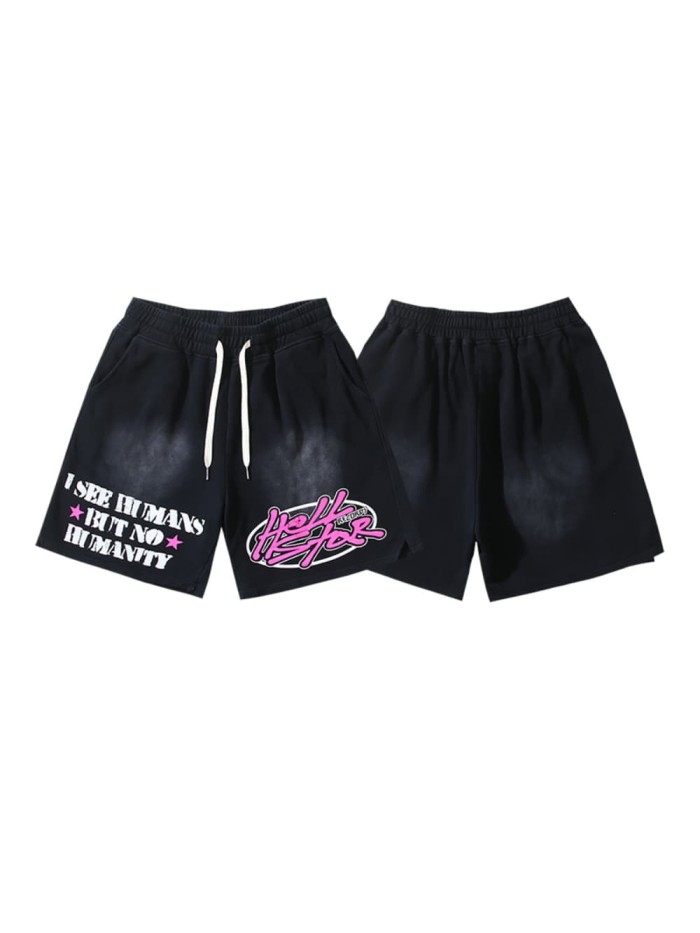 Pink And White Color Block Slogan Print Washed Shorts 29035473