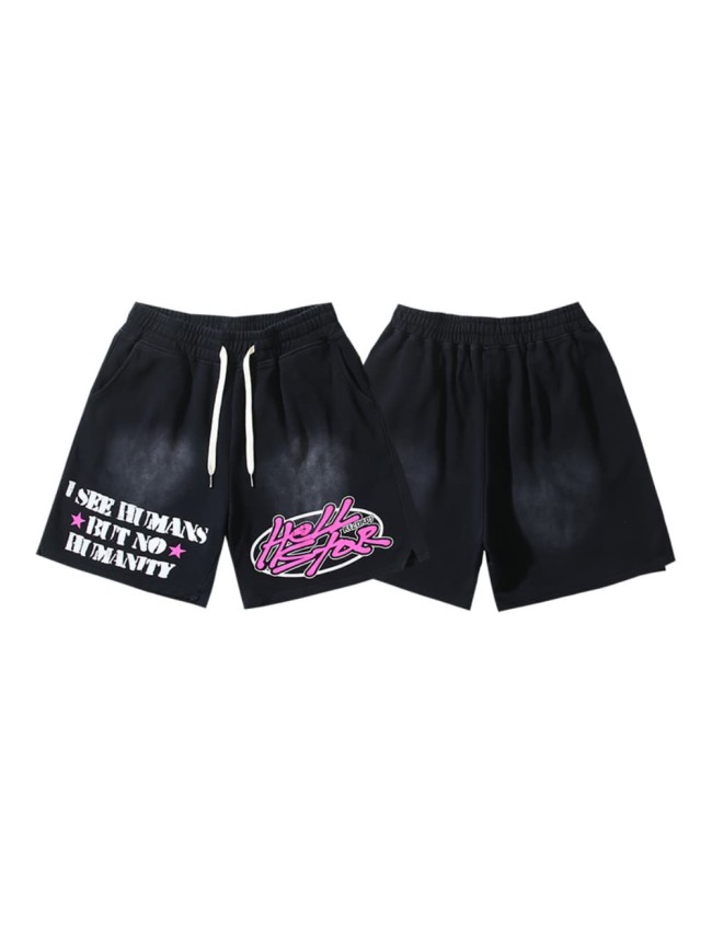 Pink And White Color Block Slogan Print Washed Shorts 29035473