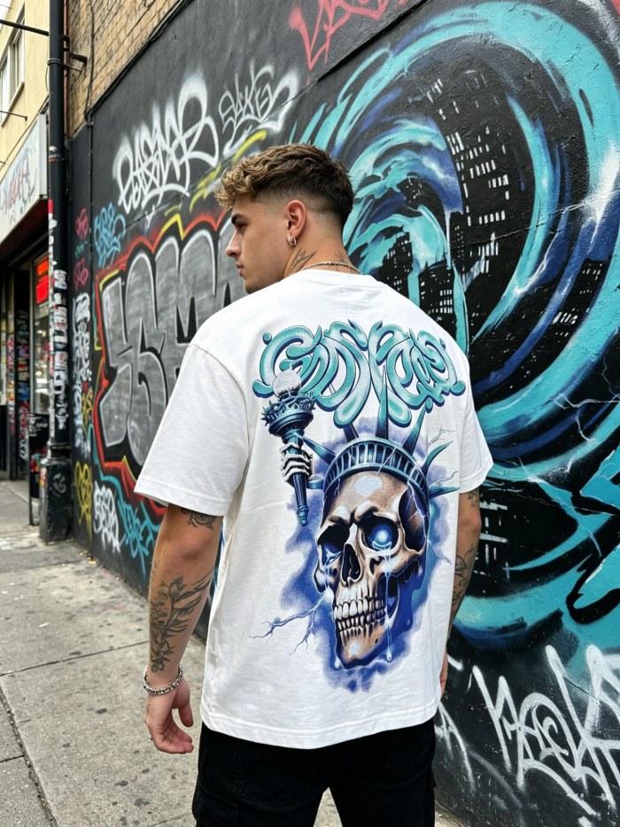 American-style white and blue contrast lightning bolt skeleton print short-sleeved shirt 29035015