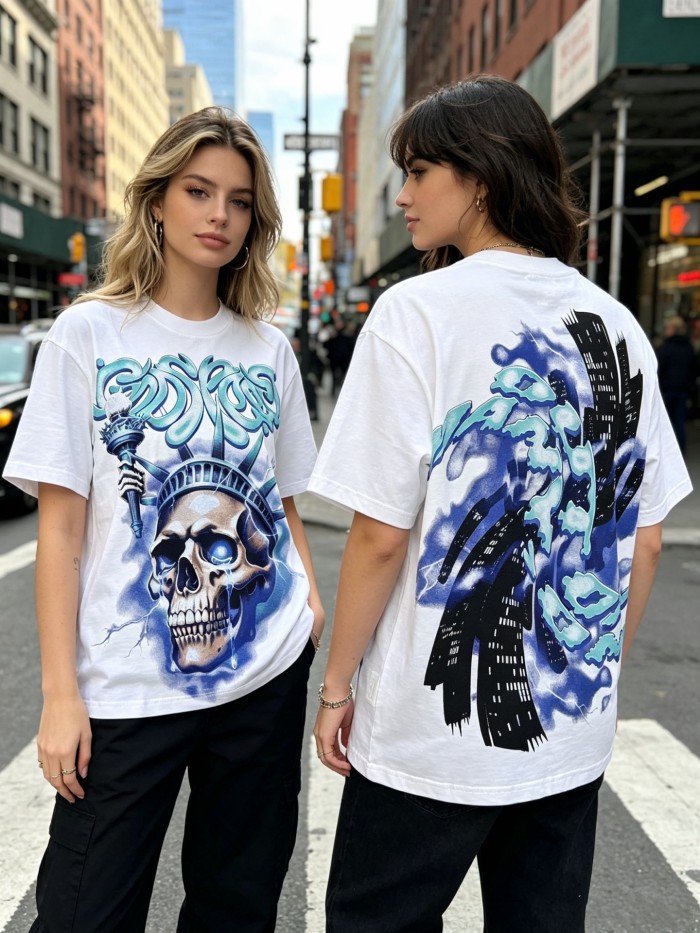American-style white and blue contrast lightning bolt skeleton print short-sleeved shirt 29035015