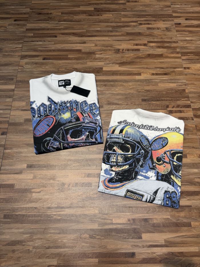 Rugby skull hot-fix rhinestone double-sided printed vintage T-shirt white color 29035302