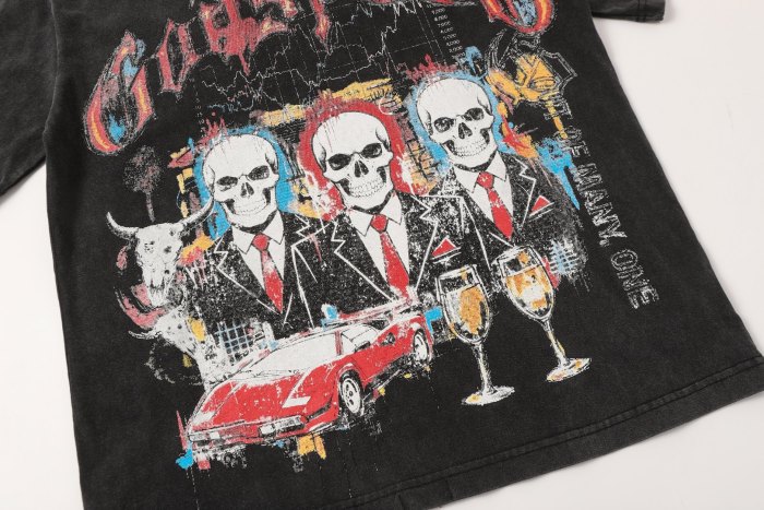 Skeleton suit sports car vintage washed double-sided printed short-sleeved T-shirt 29035119