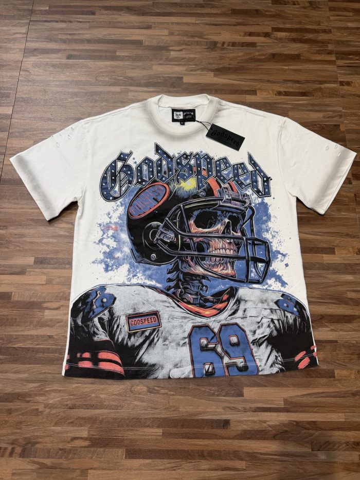 Rugby skull hot-fix rhinestone double-sided printed vintage T-shirt white color 29035302