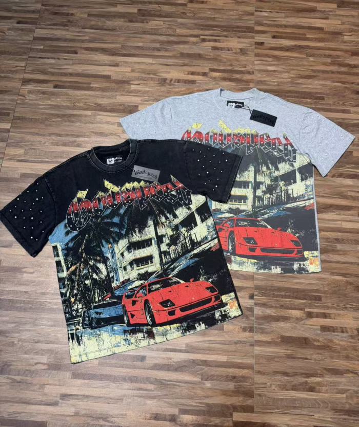 Miami sports car hot-fix rhinestone vintage washed short-sleeved T-shirt 29035040