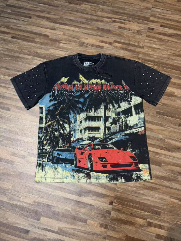 Miami sports car hot-fix rhinestone vintage washed short-sleeved T-shirt 29035040