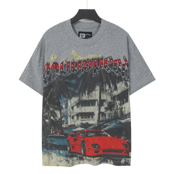 Miami sports car hot-fix rhinestone vintage washed short-sleeved T-shirt 29035040