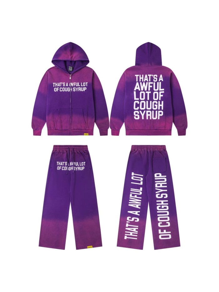 Dyed Purple Gradient Letter Print Zipper Hoodie & Pants Set 29035415
