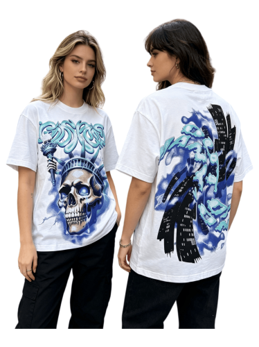 American-style white and blue contrast lightning bolt skeleton print short-sleeved shirt 29035015