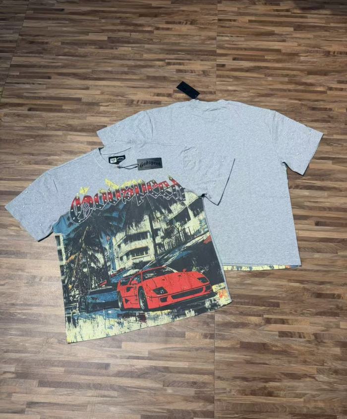 Miami sports car hot-fix rhinestone vintage washed short-sleeved T-shirt 29035040