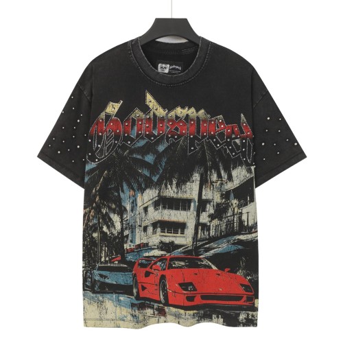 Miami sports car hot-fix rhinestone vintage washed short-sleeved T-shirt 29035040