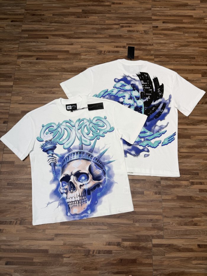 American-style white and blue contrast lightning bolt skeleton print short-sleeved shirt 29035015