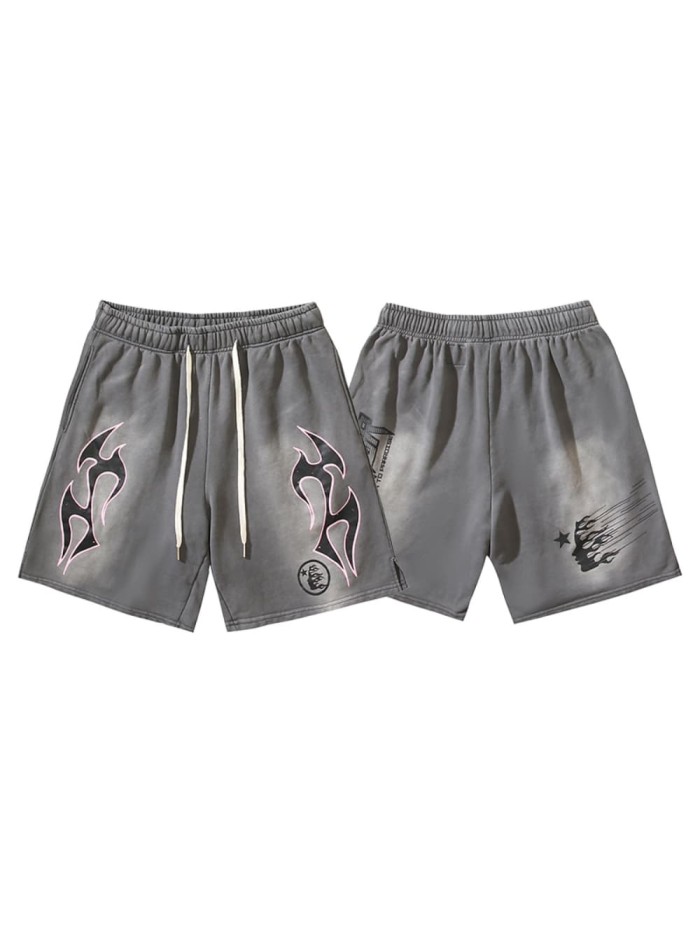 Pink Outline Flame Print Washed Shorts 29035474