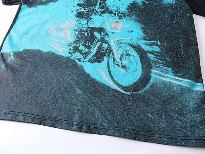 Blue Skull Motorcycle Distressed Washed Short-Sleeve T-Shirt 29043111
