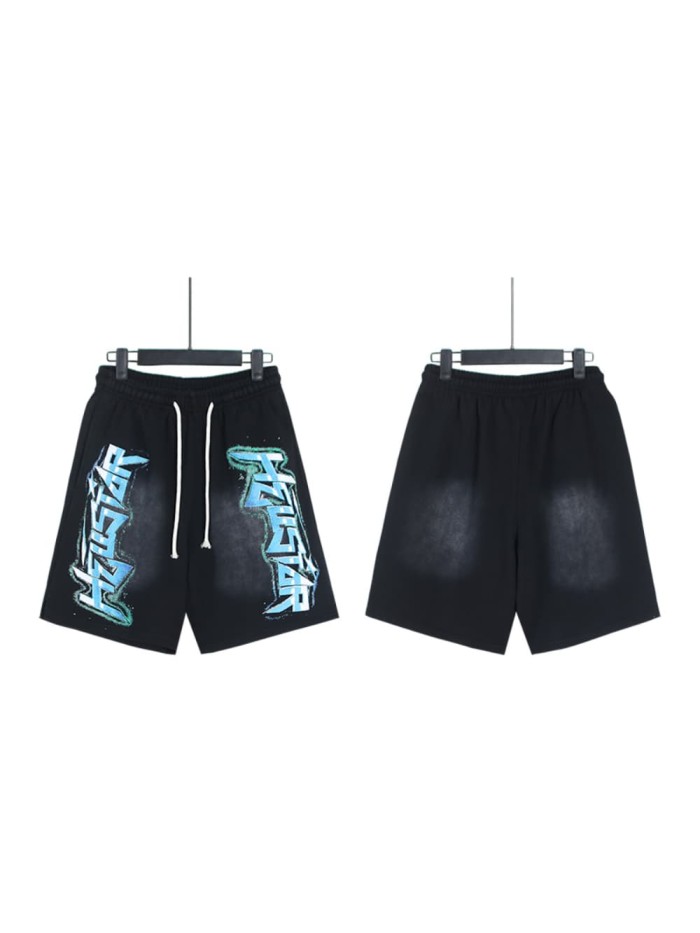 Side Blue Letter Print Washed Shorts 29043467