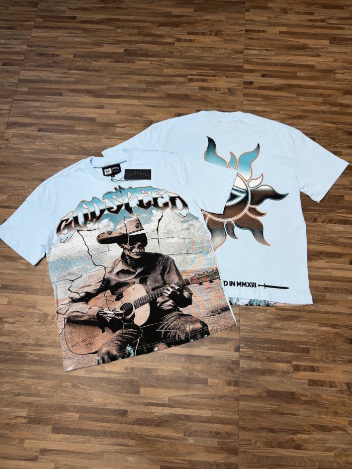 Light blue western cowboy skull guitar double-sided printed T-shirt 29038260