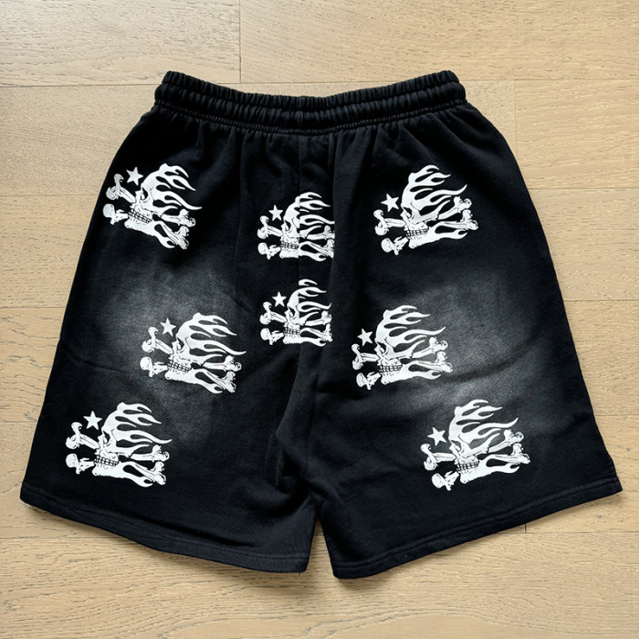 Skull Flame Print Washed Shorts 29043461