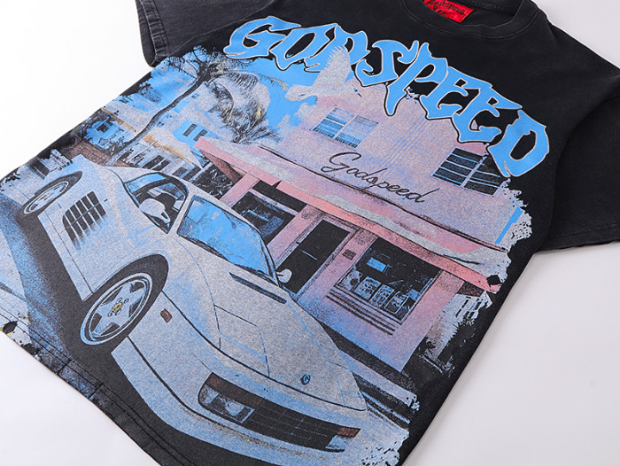 Vintage Black Miami Street Scene Double-sided Printed Short-sleeved T-shirt  29043084