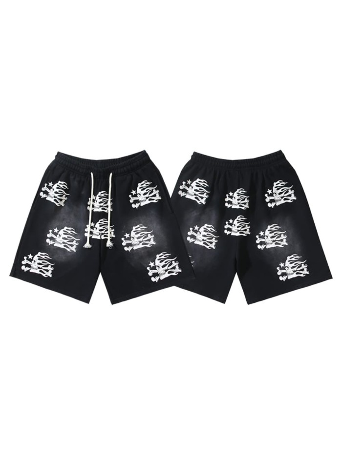 Skull Flame Print Washed Shorts 29043461