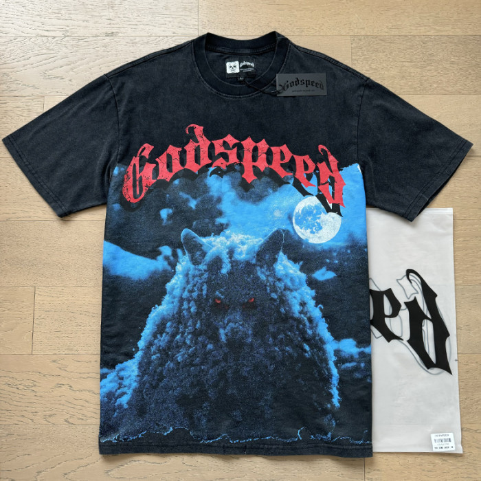 Moonlight Wolf  vintage-style washed double-sided printed short-sleeved T-shirt 29043128