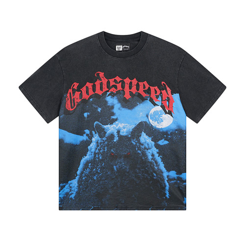 Moonlight Wolf  vintage-style washed double-sided printed short-sleeved T-shirt 29043128