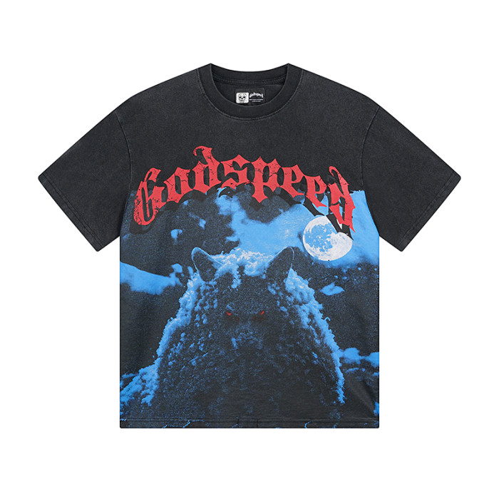 Moonlight Wolf  vintage-style washed double-sided printed short-sleeved T-shirt 29043128