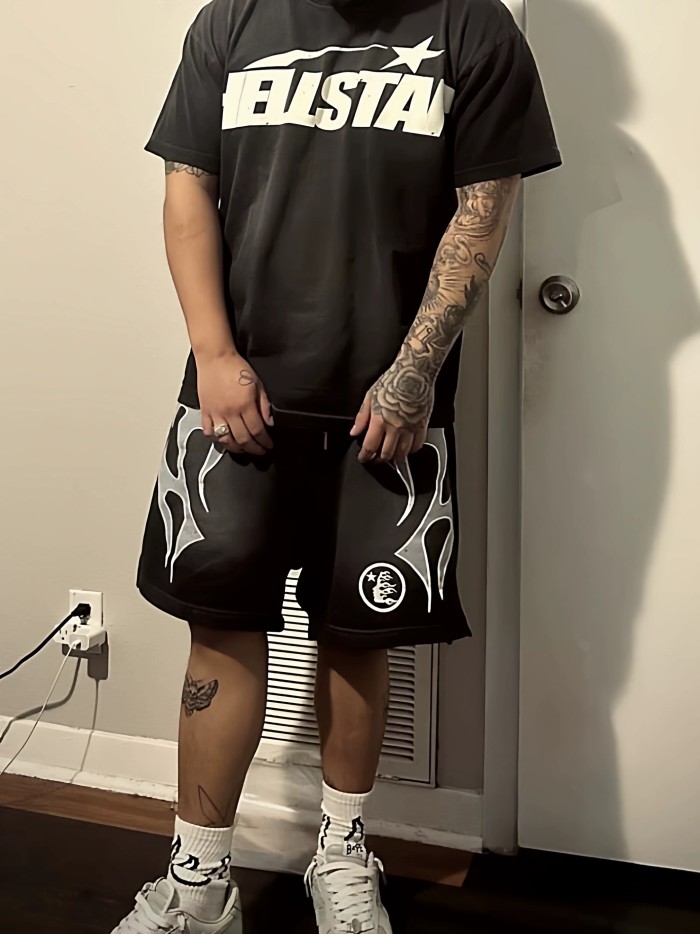 Side Tribal Flame Print Washed Shorts 29043465