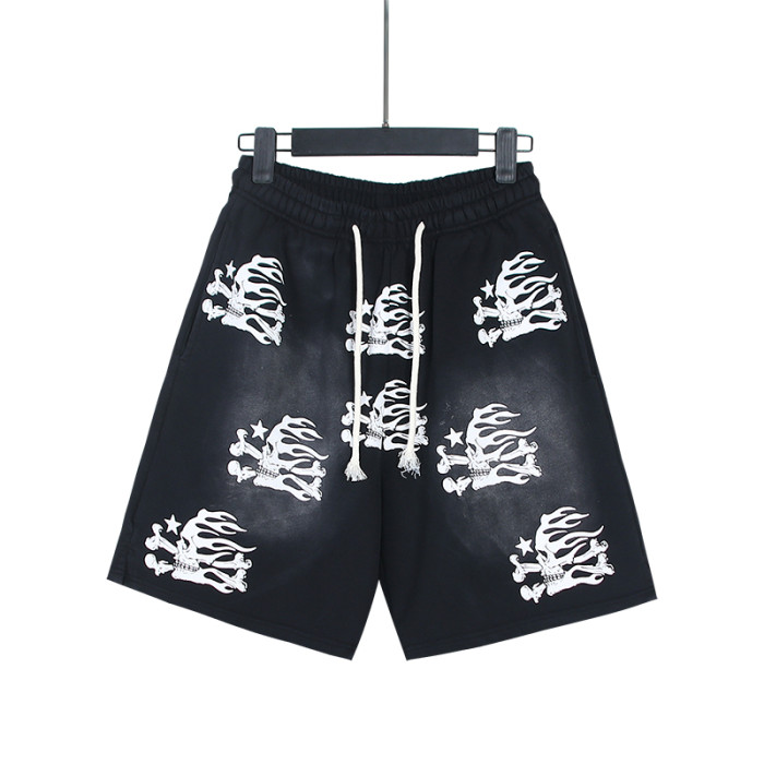 Skull Flame Print Washed Shorts 29043461