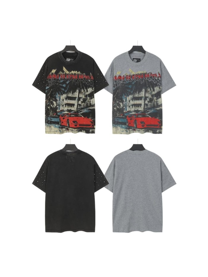 Miami sports car hot-fix rhinestone vintage washed short-sleeved T-shirt 29035040