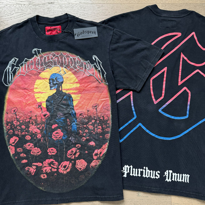 Vintage sunset rose skeleton G-shaped logo printed T-shirt 29043106