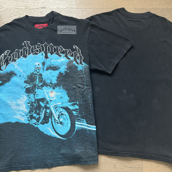 Blue Skull Motorcycle Distressed Washed Short-Sleeve T-Shirt 29043111