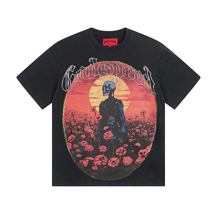 Vintage sunset rose skeleton G-shaped logo printed T-shirt 29043106